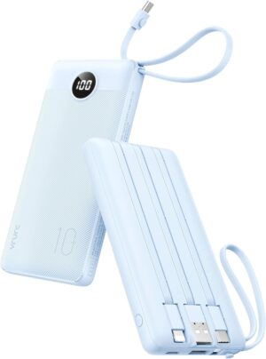 VRURC 10000mAh Power Bank Built-in Cables, Portable Charger with LED Display, Slim Travel Battery Pack with Cords, 5 Output Dual Input Phone Charger for Cell Phone Smart Devcies-Blue(1 Pack)
